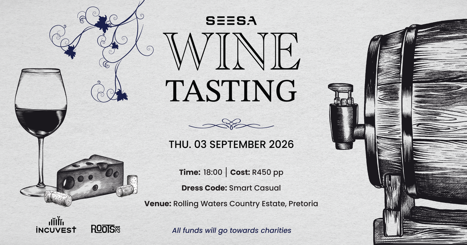 SEESA Wine Tasting — Thursday, 3 September 2026 at 18:00. Rolling Waters Country Estate, Pretoria. R450 per person, smart casual. All funds go towards charities.